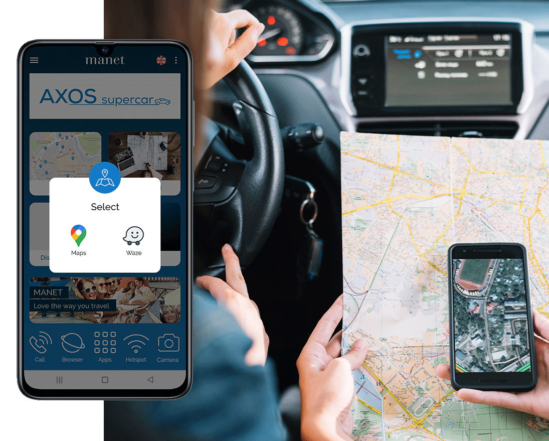 Google Maps and Waze available on the Manet Device for car rental