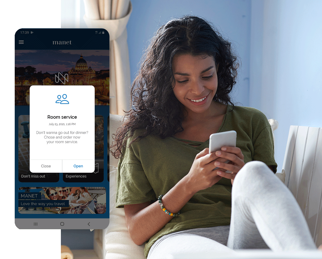 A guest receives a notification from the hotel through the Manet app