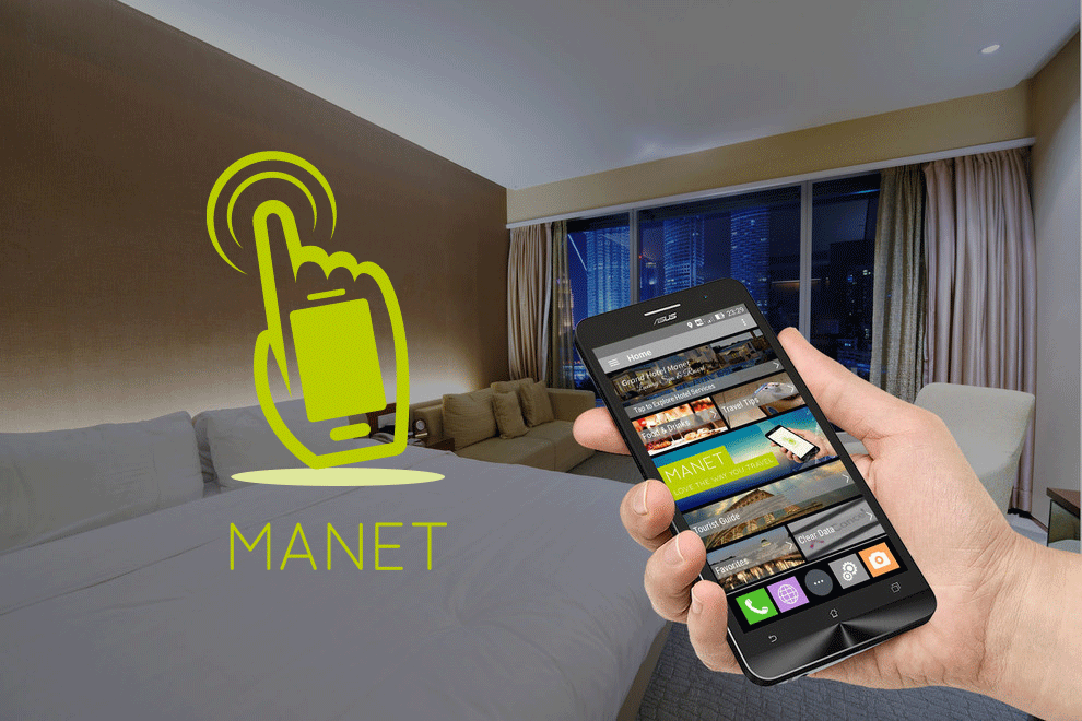 Hand holding the first Manet smartphone in a hotel room